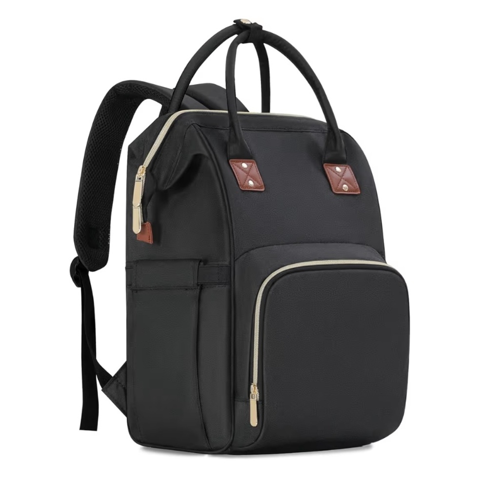 Amazon Stylish Black Diaper Backpack with Tan Accents